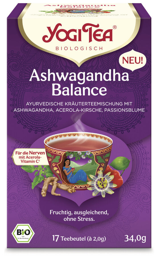 Eine Packung "Yogi Tea Ashwagandha Balance" von der Marke Yogi Tea. Auf der Vorderseite der Packung steht "Ashwagandha Balance" und "Ayurvedische Kräuterteemischung mit Ashwagandha, Acerola-Kirsche, Passionsblume". Ein rotes Etikett hebt hervor, dass der Tee "Für die Nerven mit Acerola-Vitamin C" ist. Das Etikett zeigt eine dekorative Tasse Tee, umgeben von Ashwagandha-Wurzeln, Passionsblumen und Acerola-Kirschen. Unten auf der Packung steht "Fruchtig, ausgleichend, ohne Stress".