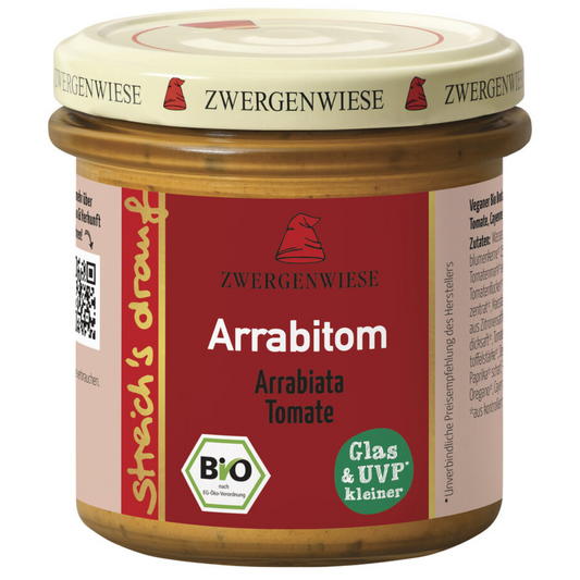 Zwergenwiese Arrabitom Bio-Aufstrich – veganer Brotaufstrich mit Arrabiata und Tomate im Glas, 135 g