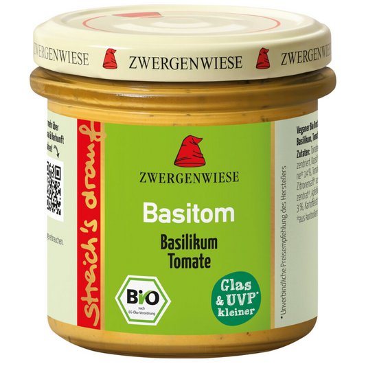 Zwergenwiese Basitom Bio-Aufstrich – veganer Brotaufstrich mit Basilikum und Tomate im Glas, 135 g