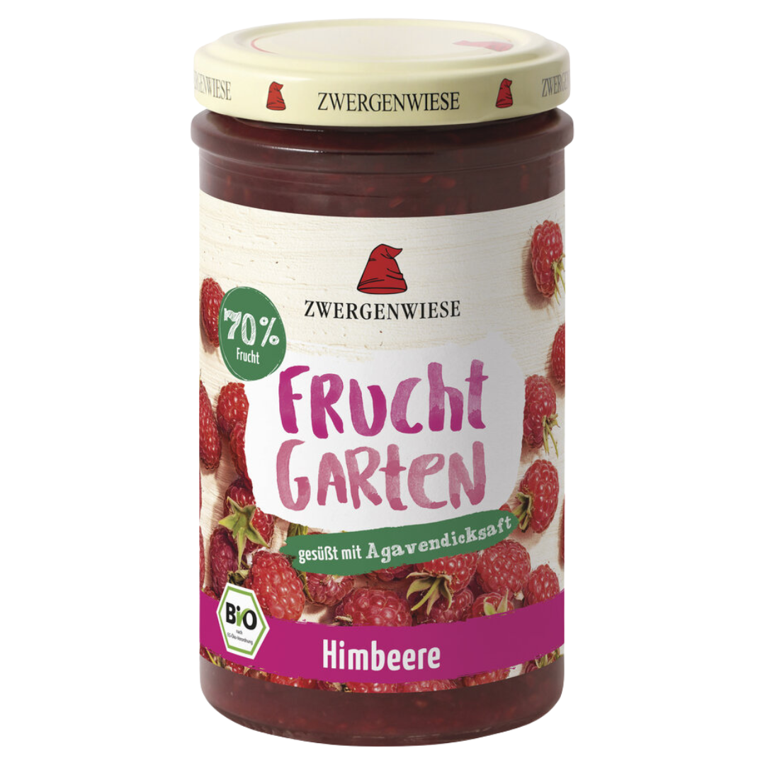 Zwergenwiese FruchtGarten Himbeere 225 g – Bio-Fruchtaufstrich mit 70 % Fruchtanteil, gesüßt mit Agavendicksaft