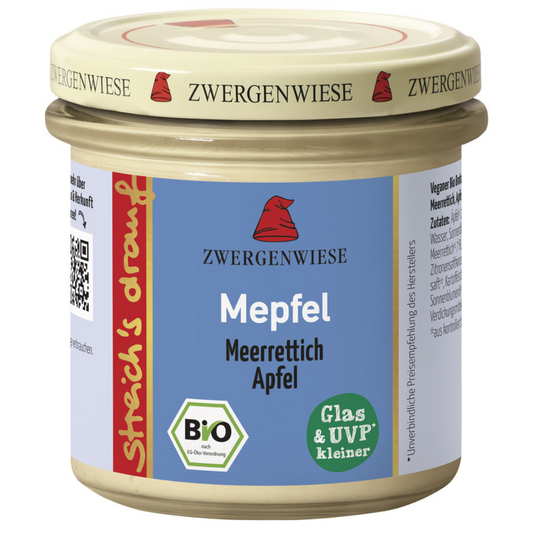 Zwergenwiese Mepfel Bio-Aufstrich – veganer Brotaufstrich mit Meerrettich und Apfel im Glas, 135 g