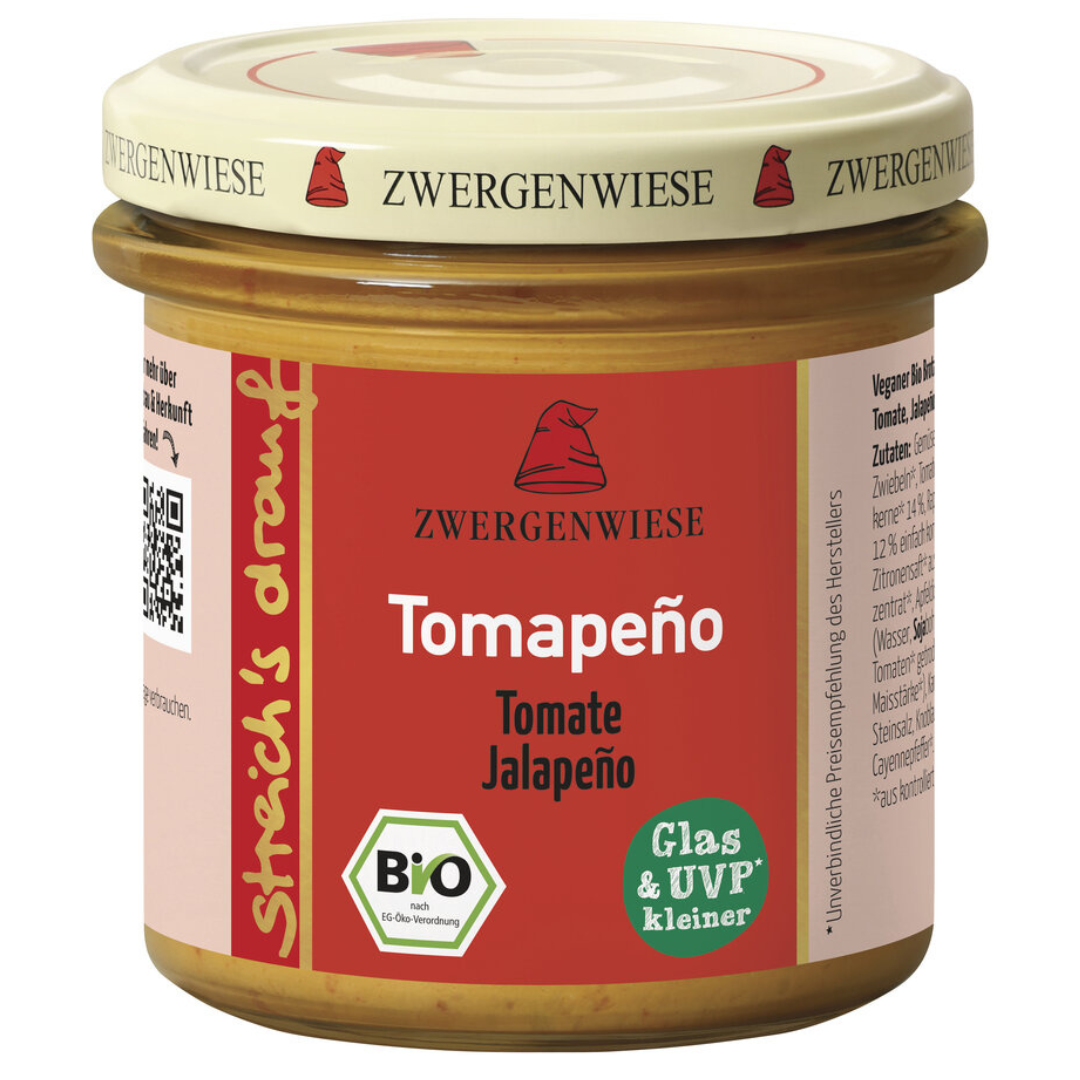 Zwergenwiese Tomapeño Bio-Aufstrich – veganer Brotaufstrich mit Tomate und Jalapeño im Glas, 135 g