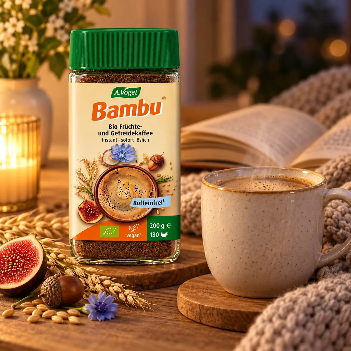 A.Vogel Bambu Instant koffeinfreier Getreidekaffee mit warmer Tasse in gemütlicher Abendstimmung