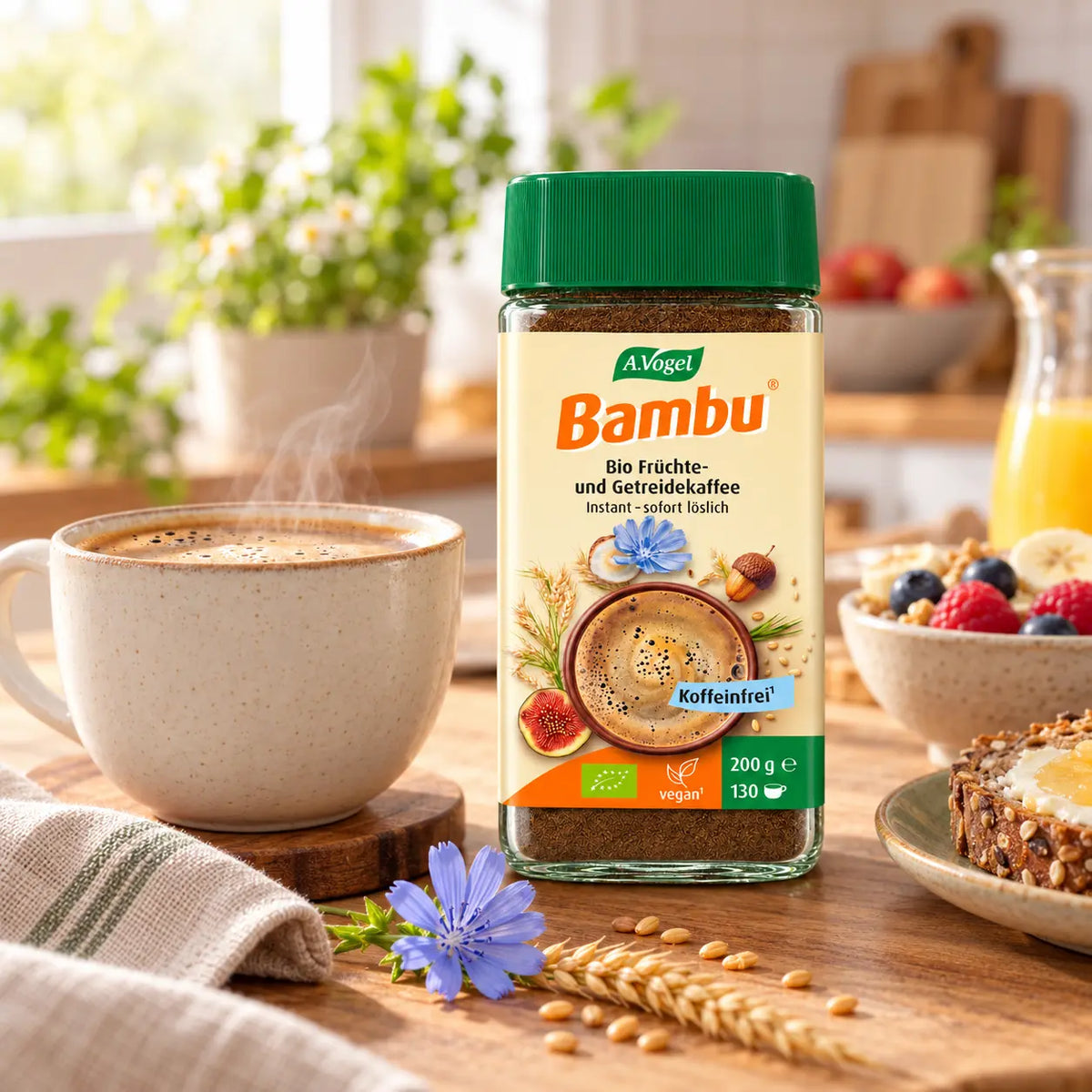 A.Vogel Bambu Instant Getreidekaffee mit warmer Tasse auf einem gedeckten Frühstückstisch