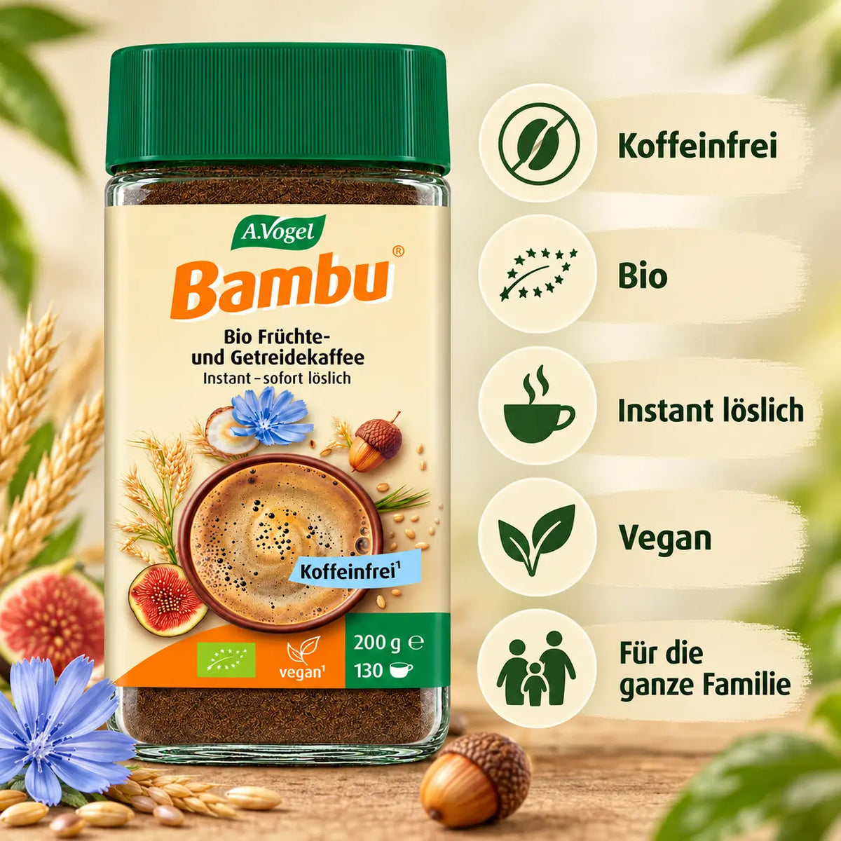 A.Vogel Bambu Instant mit den Produkteigenschaften koffeinfrei, Bio, vegan und sofort löslich