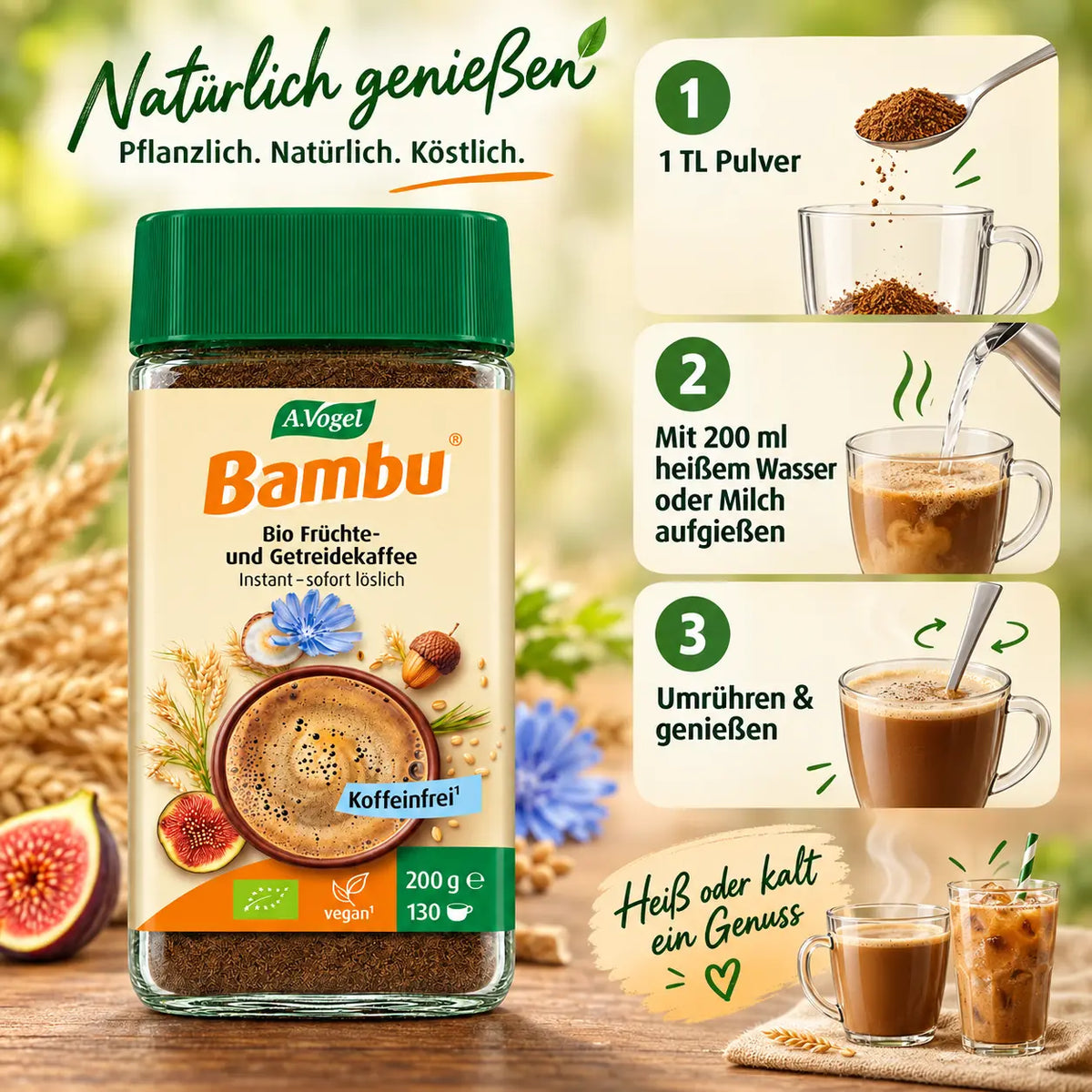 Zubereitung von A.Vogel Bambu Instant mit einem Teelöffel Pulver und 200 ml heißem Wasser oder Milch