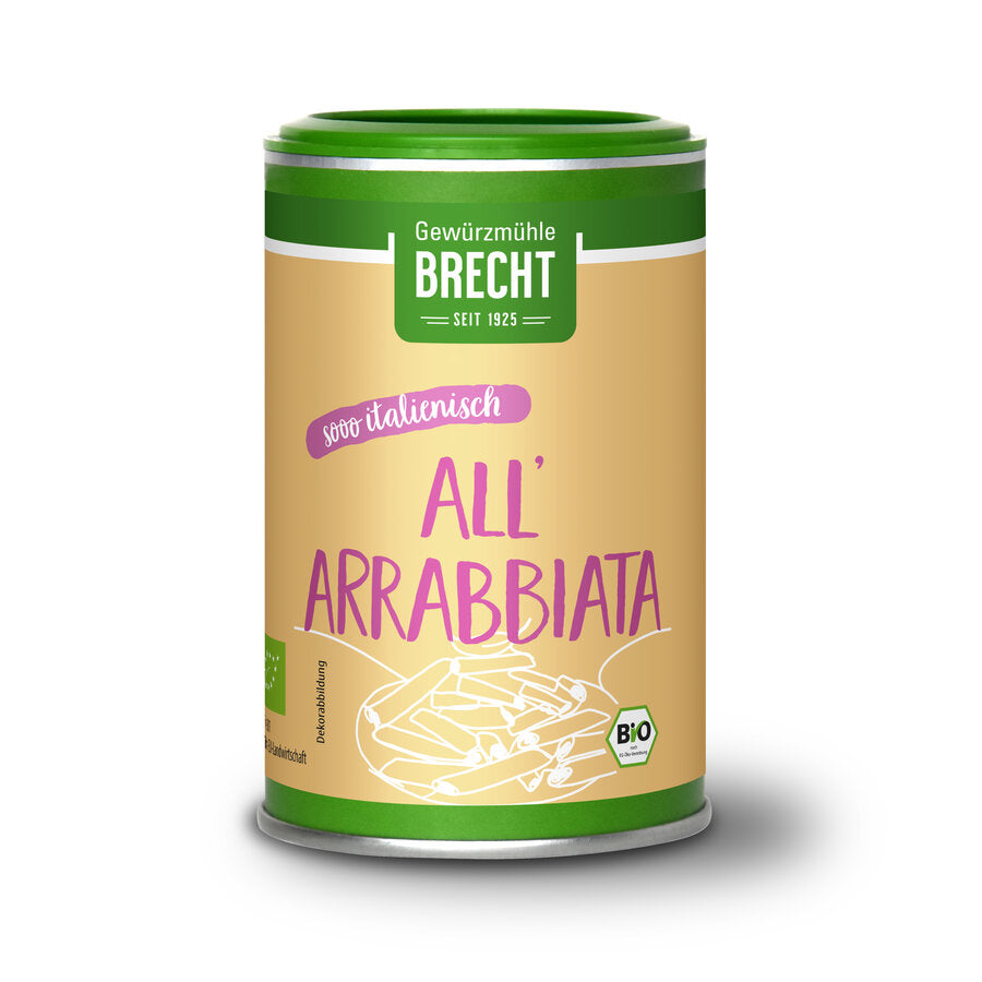 Produktbild von Brecht All' Arrabbiata, einer Bio-Gewürzmischung in einem grünen Streuer mit beige-farbenem Etikett und der Aufschrift 'Sooo italienisch'.