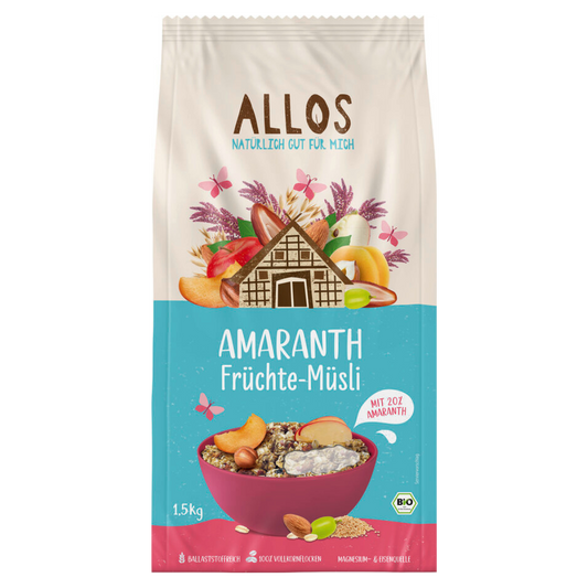 Allos Amaranth Früchte-Müsli 1,5 kg – Bio-Müsli mit 20 % gepopptem Amaranth, Trockenfrüchten und Vollkornflocken in bunt gestalteter Verpackung