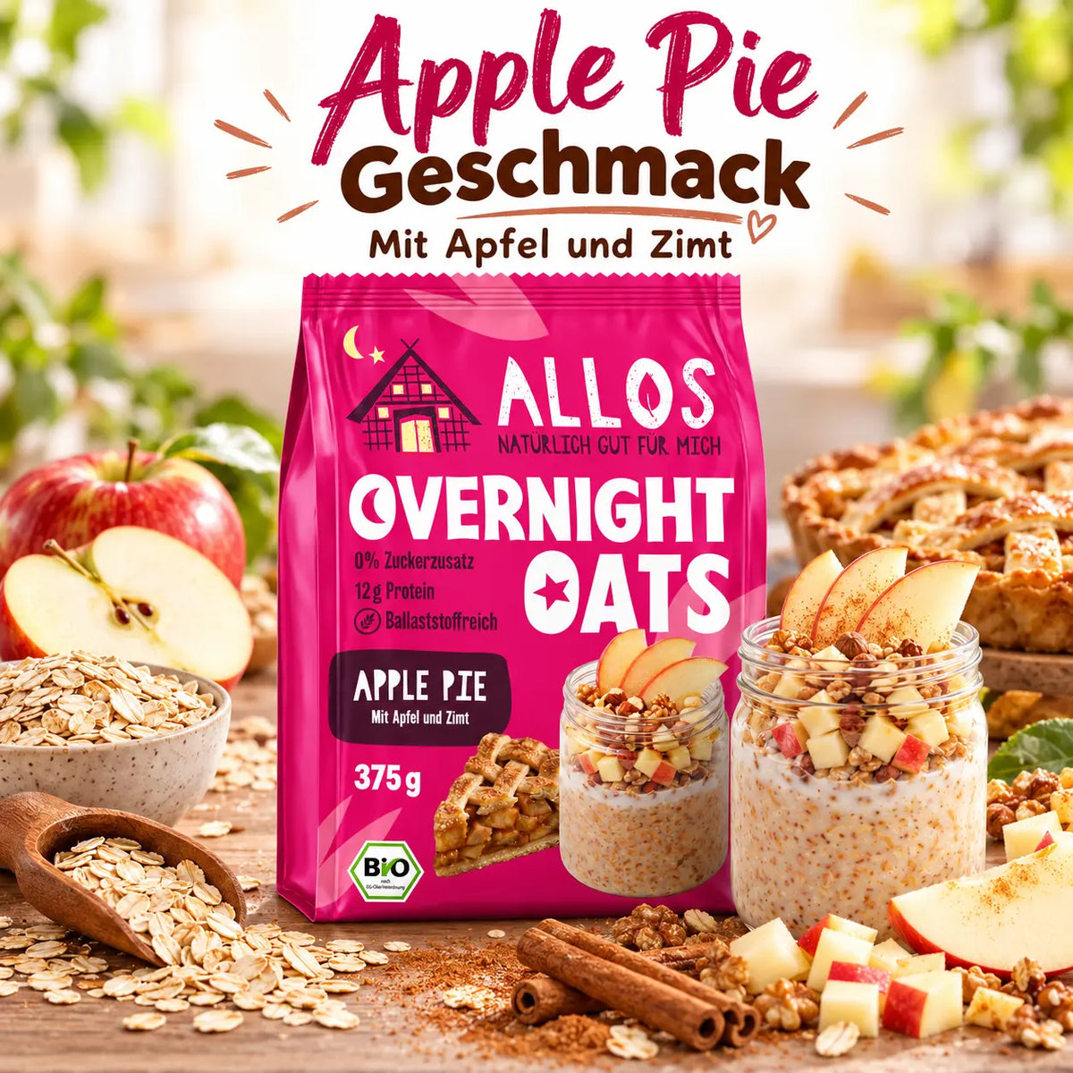 Allos Overnight Oats Apple Pie mit Haferflocken, Apfelstückchen und Zimt