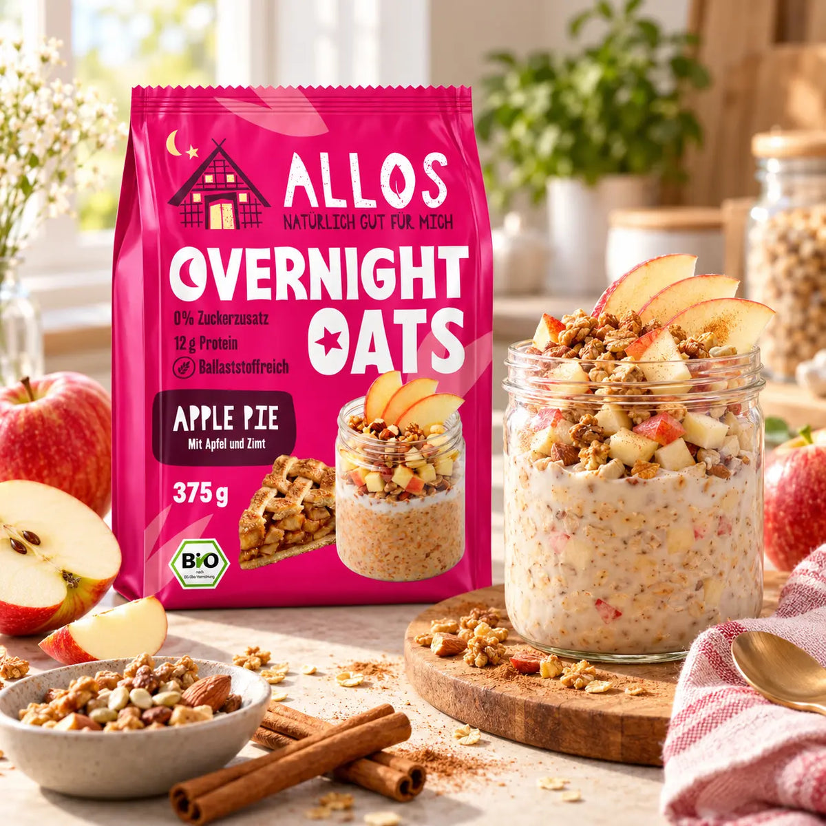 Allos Overnight Oats Apple Pie als Frühstück mit Apfel, Zimt und cremigen Overnight Oats