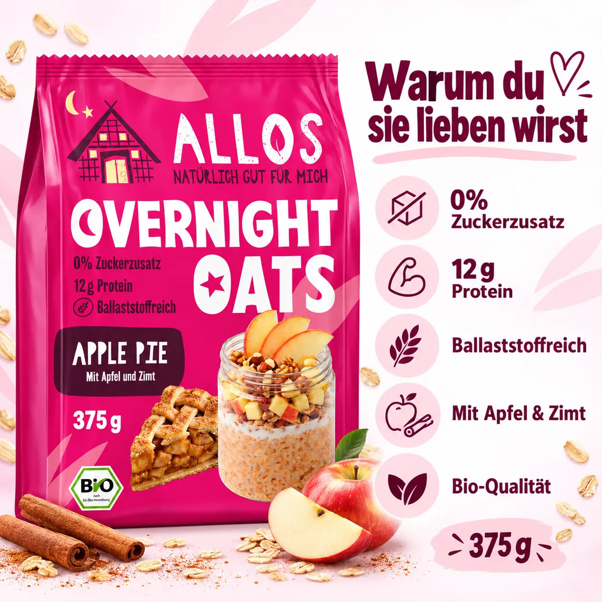 Allos Overnight Oats Apple Pie – 0 Prozent Zuckerzusatz, 12 g Protein und ballaststoffreich