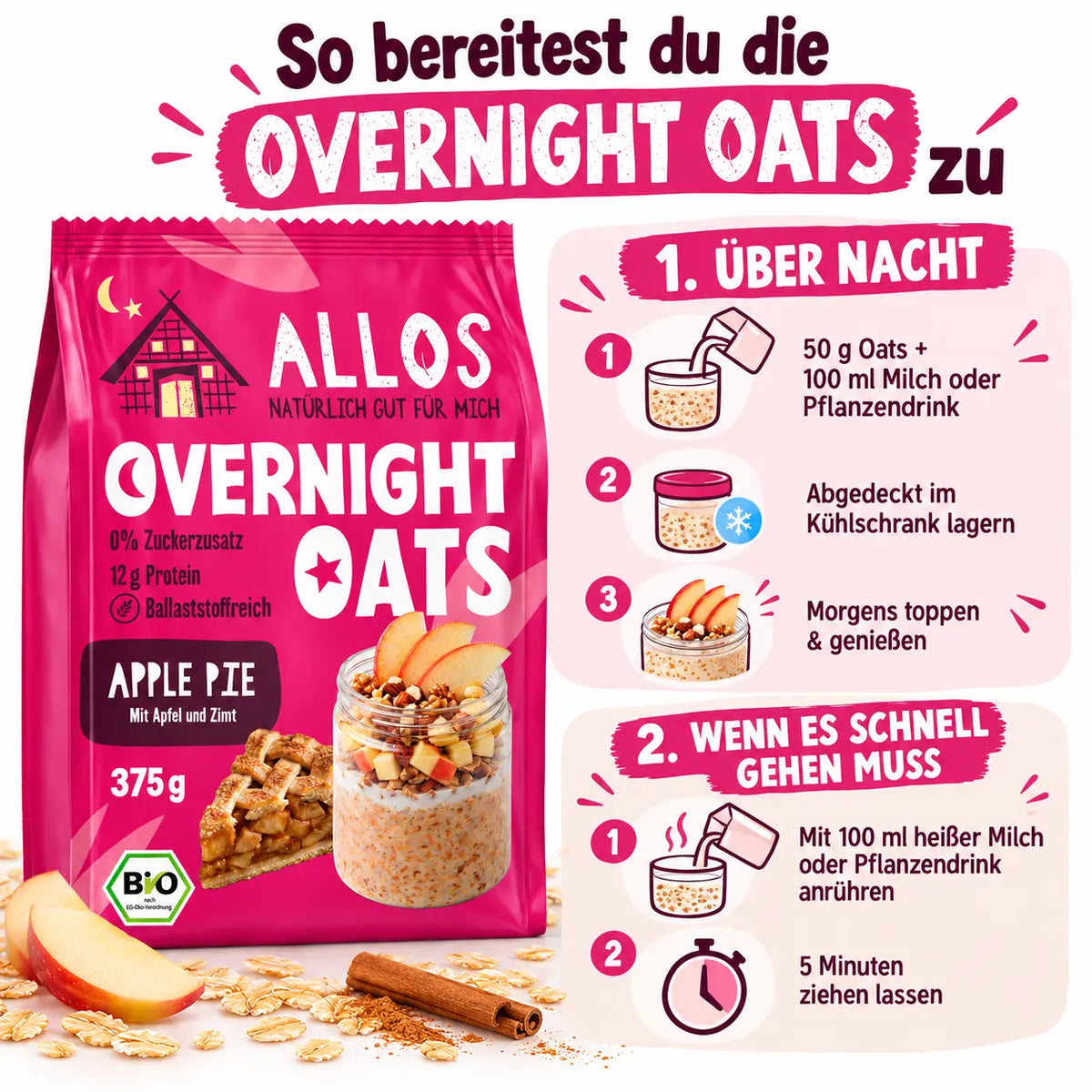 Zubereitung der Allos Overnight Oats Apple Pie mit Milch oder Pflanzendrink