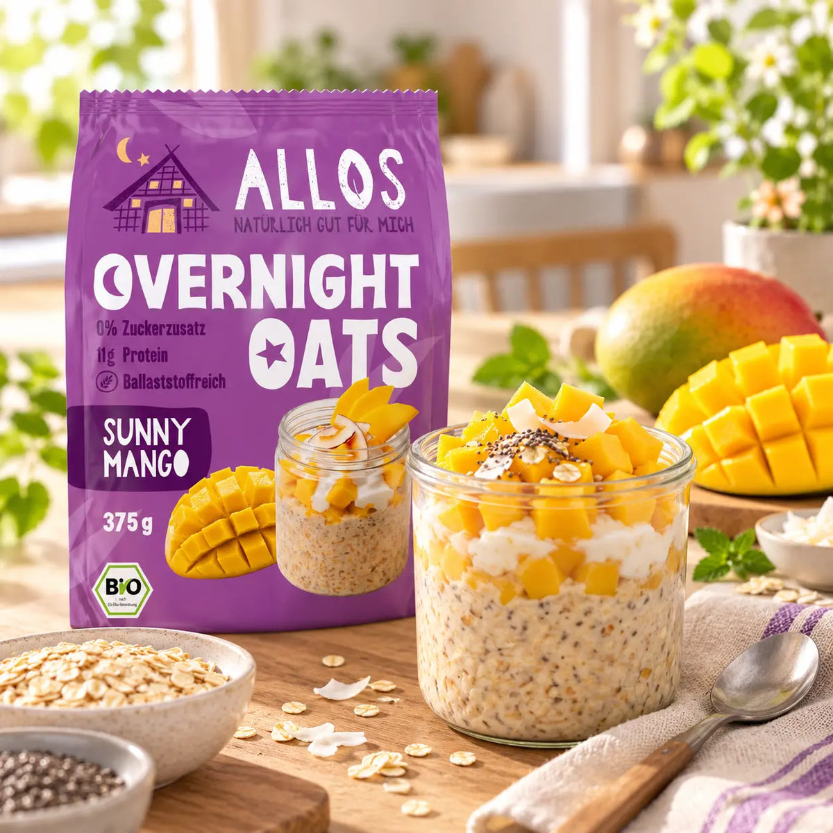 Allos Overnight Oats Sunny Mango als fruchtiges Frühstück mit Mango