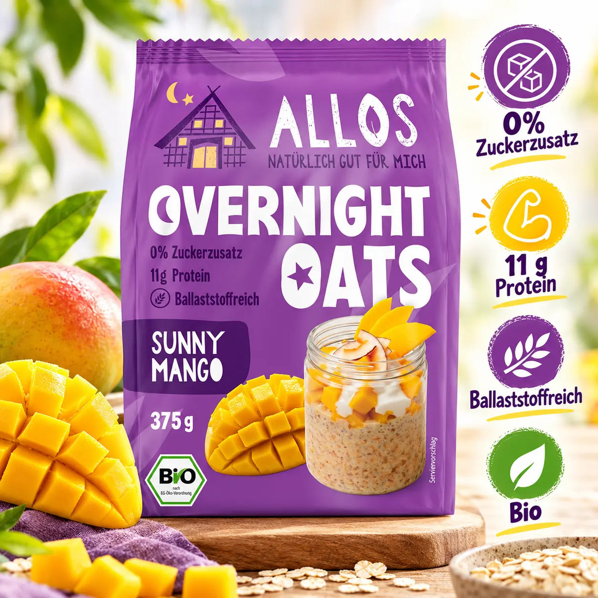 Allos Overnight Oats Sunny Mango – ohne Zuckerzusatz, 11 g Protein und ballaststoffreich