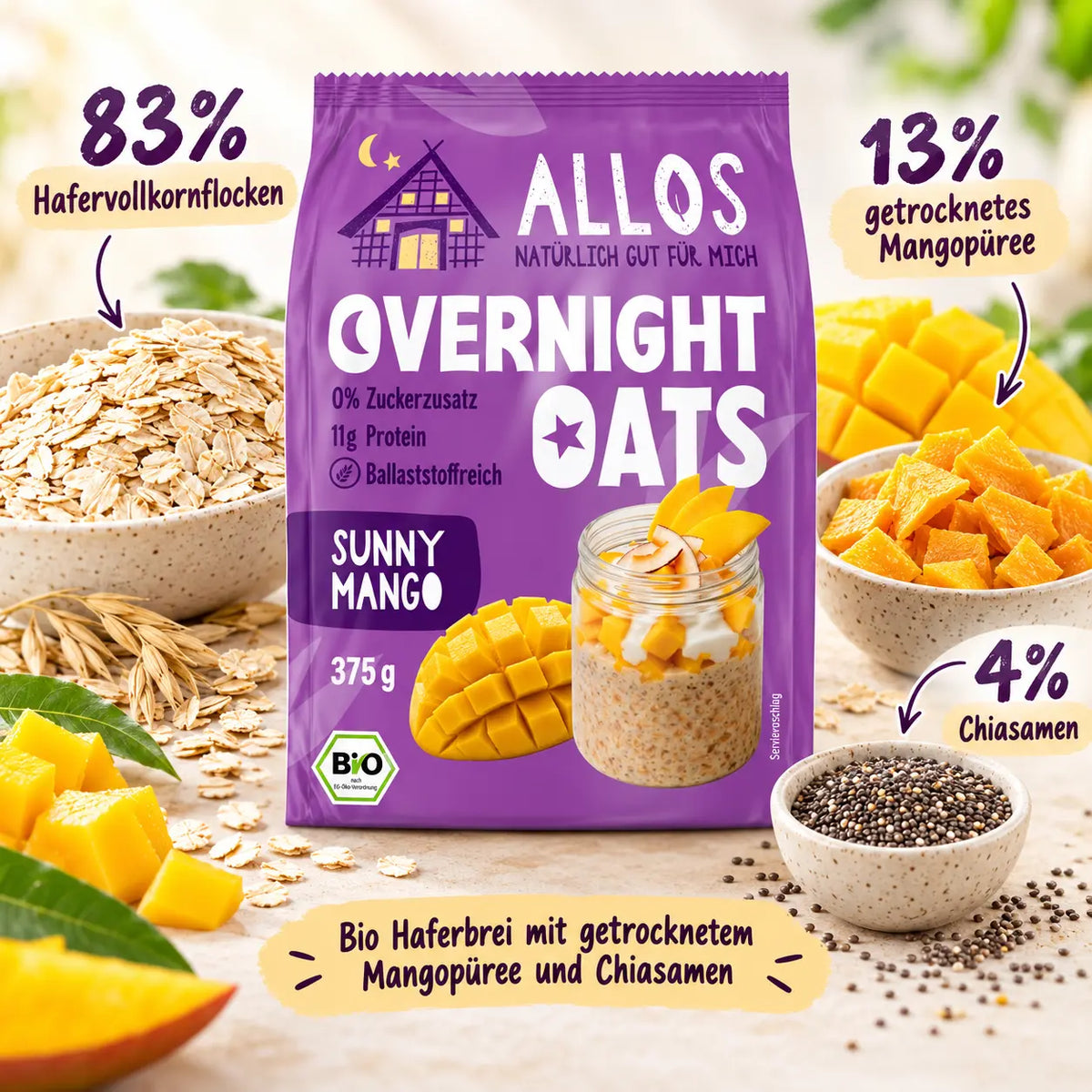 Allos Overnight Oats Sunny Mango mit Hafervollkornflocken, Mangopüree und Chiasamen