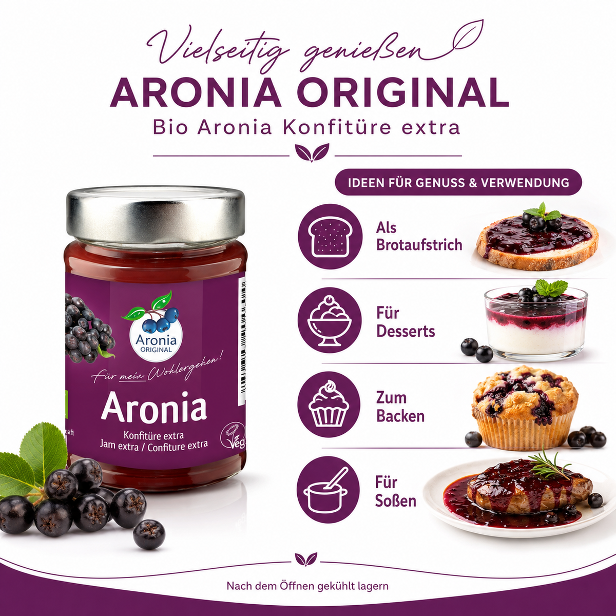 Aronia Konfitüre als Brotaufstrich, für Desserts, zum Backen und für Soßen