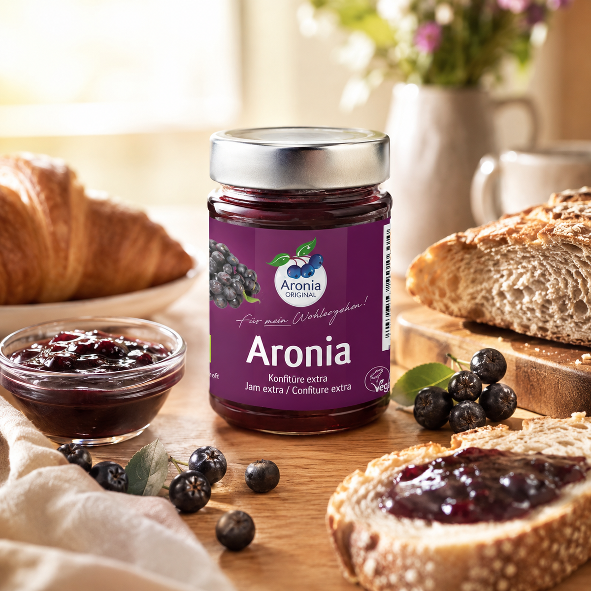 Aronia ORIGINAL Bio Konfitüre extra beim Frühstück mit Brot und Aroniabeeren