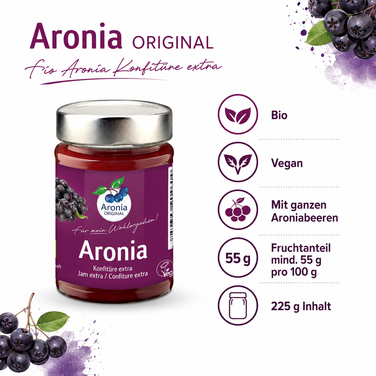 Aronia ORIGINAL Bio Aronia Konfitüre extra, vegan und mit 55 Prozent Aroniabeeren
