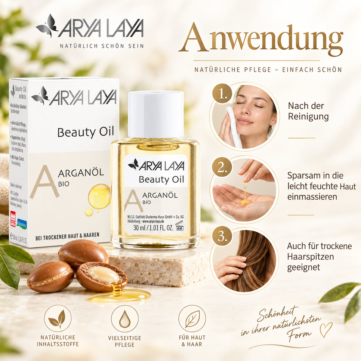 Anwendung des ARYA LAYA Beauty Oil Arganöl bio für Haut und trockene Haarspitzen