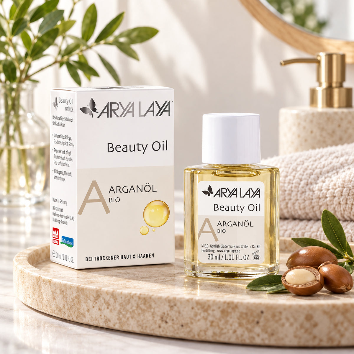 ARYA LAYA Beauty Oil Arganöl bio 30 ml in natürlicher Badezimmer-Szene