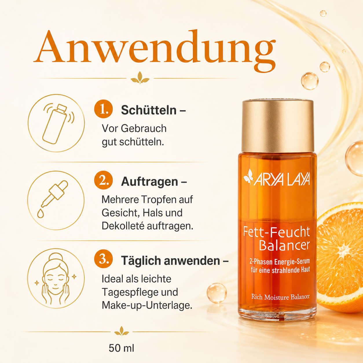 Anwendung des ARYA LAYA Fett-Feucht Balancers – schütteln und auf Gesicht, Hals und Dekolleté auftragen