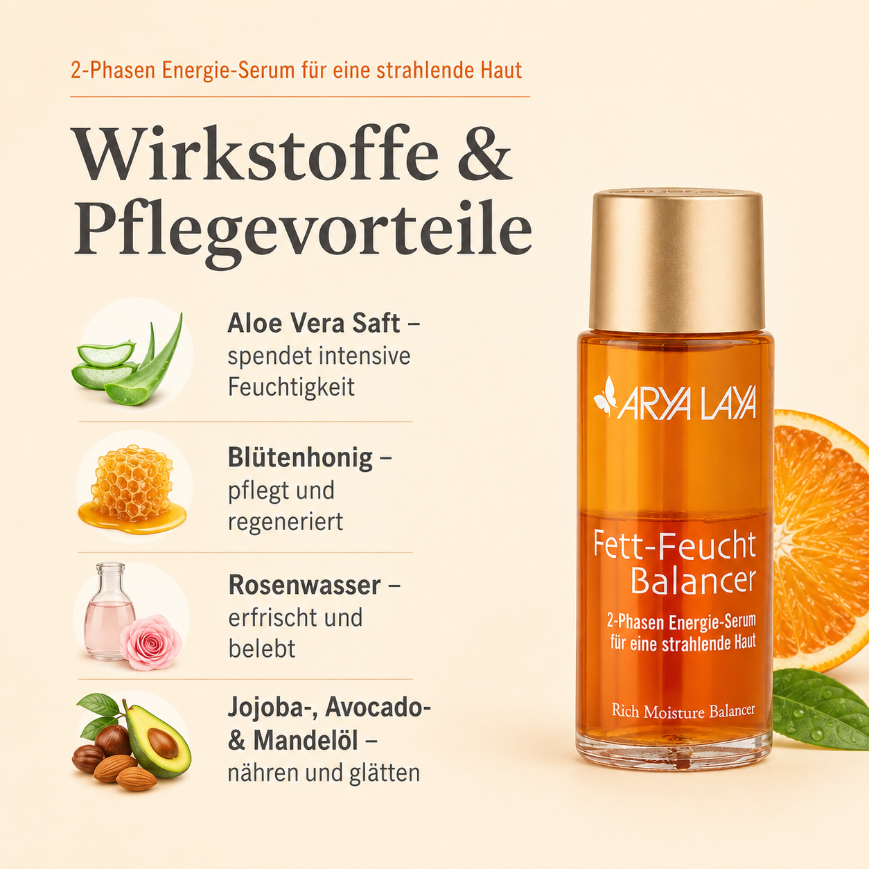 Wirkstoffe des ARYA LAYA Fett-Feucht Balancers mit Aloe Vera, Blütenhonig, Rosenwasser und Pflanzenölen