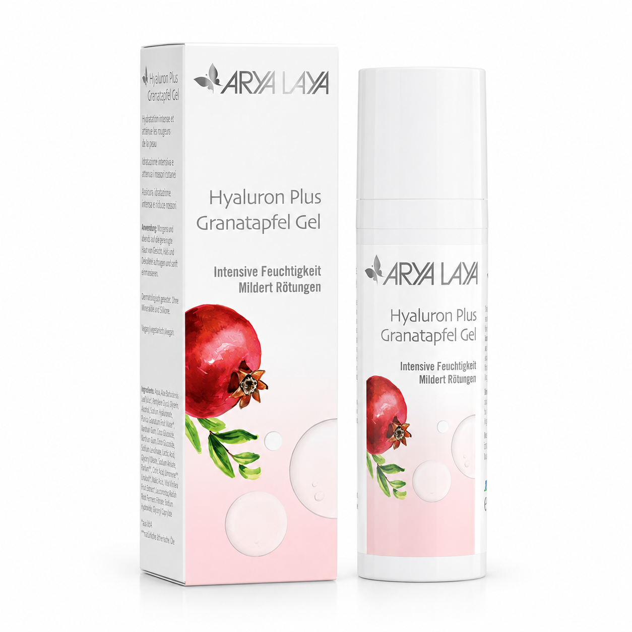 ARYA LAYA Hyaluron Plus Granatapfel Gel 50 ml mit Spender und Verpackung