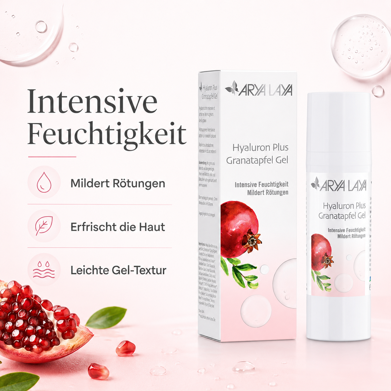 ARYA LAYA Hyaluron Plus Granatapfel Gel für intensive Feuchtigkeit und zur Milderung von Rötungen