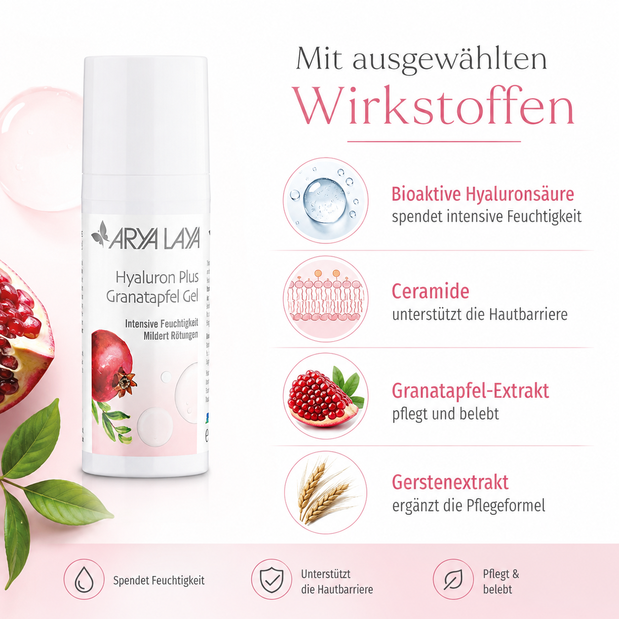 ARYA LAYA Hyaluron Plus Granatapfel Gel mit Hyaluronsäure, Ceramiden, Granatapfel-Extrakt und Gerstenextrakt