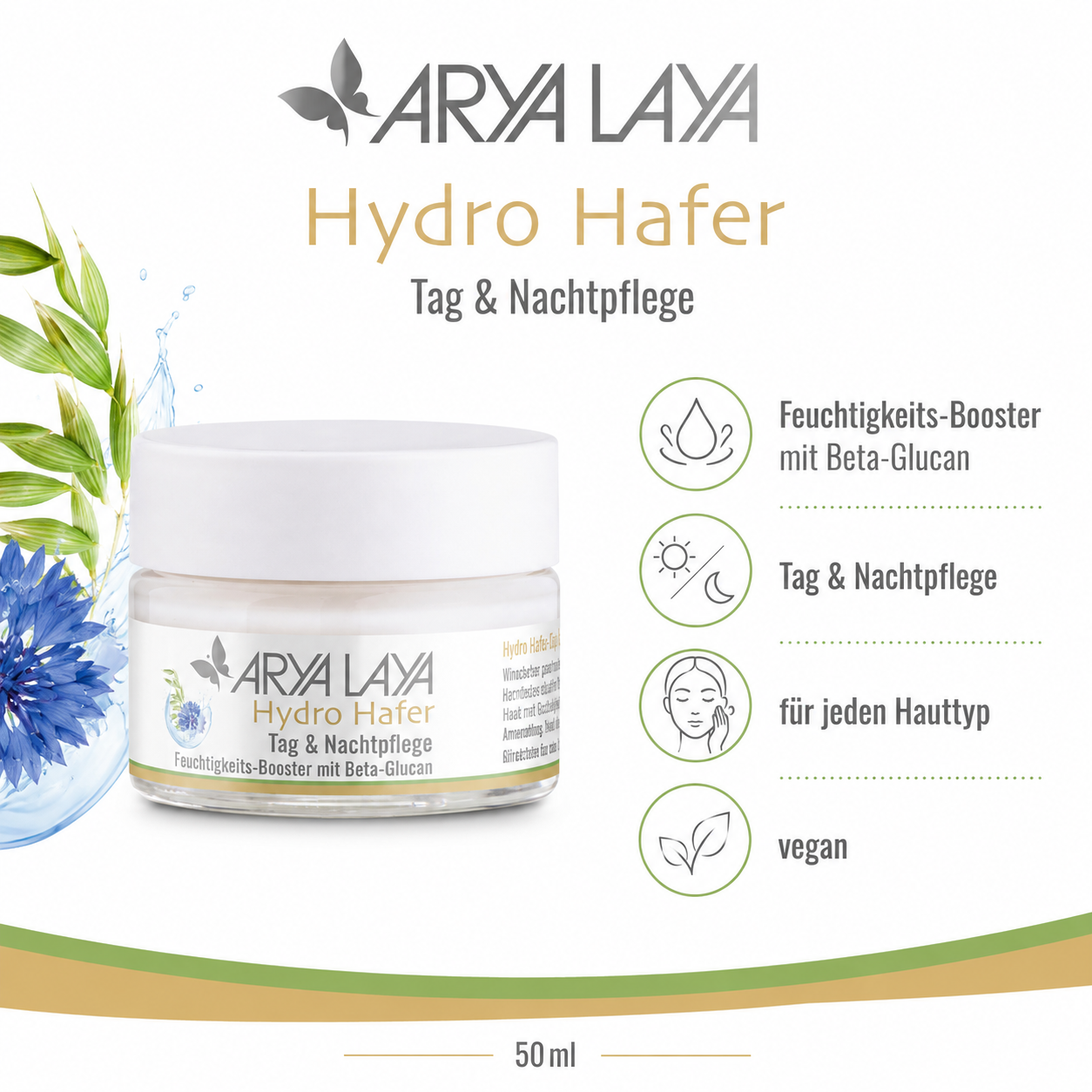ARYA LAYA Hydro Hafer Feuchtigkeits-Booster mit Beta-Glucan – vegane Tag- und Nachtpflege für jeden Hauttyp