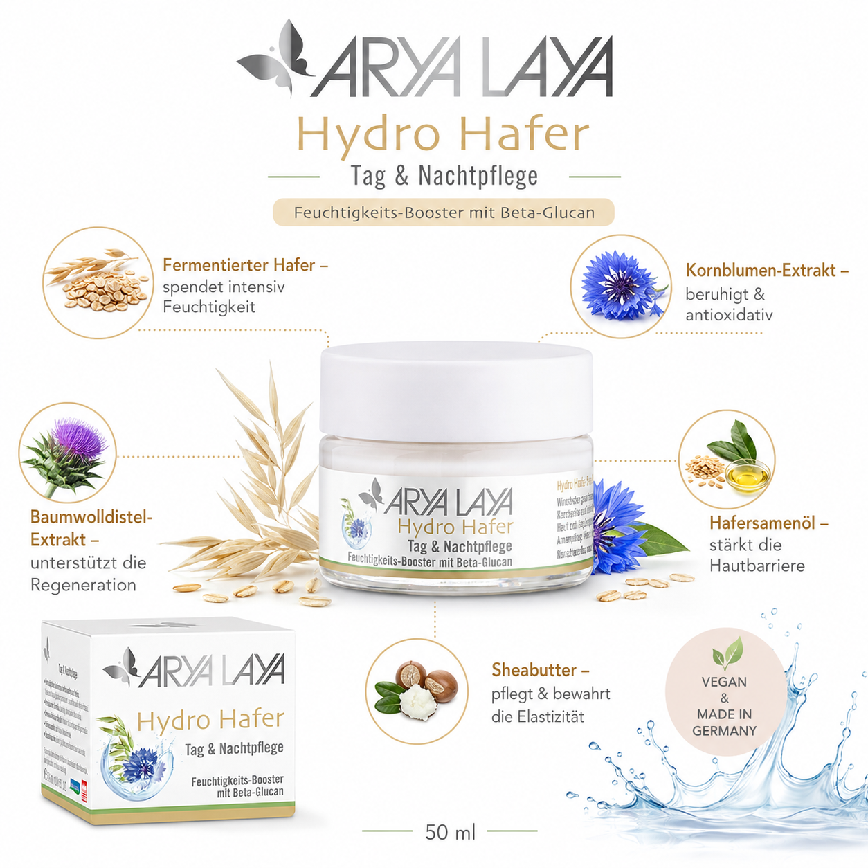 ARYA LAYA Hydro Hafer mit fermentiertem Hafer, Kornblumen-Extrakt, Hafersamenöl, Baumwolldistel und Sheabutter