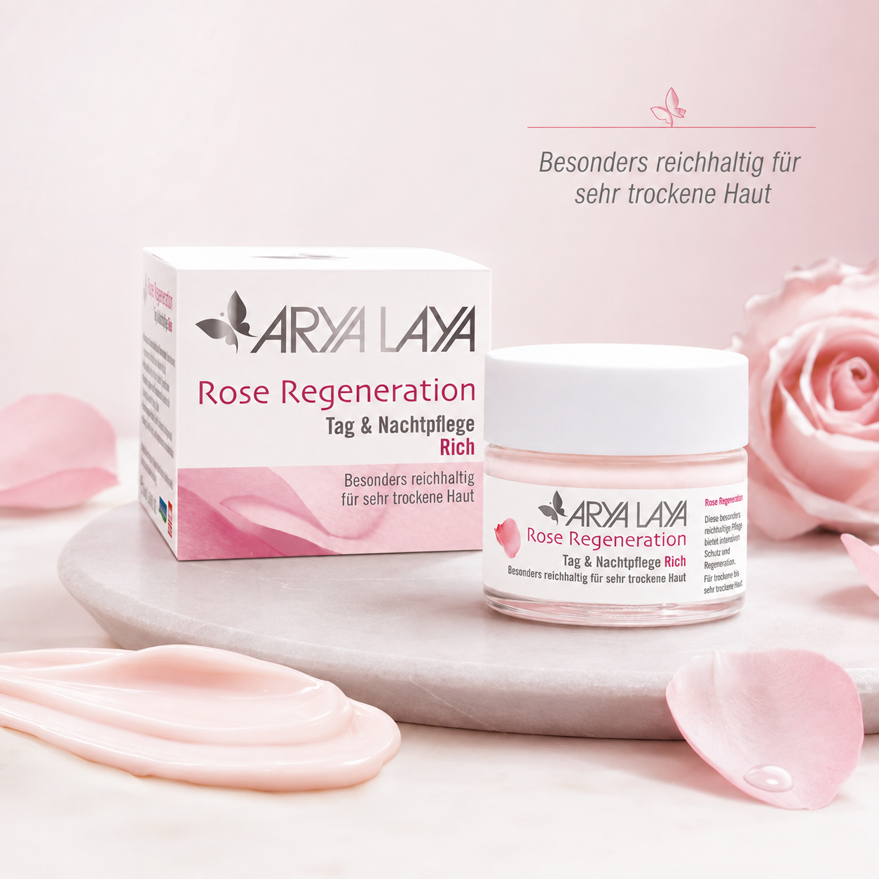 ARYA LAYA Rose Regeneration Rich Gesichtscreme für sehr trockene Haut mit Tiegel, Rosenblüten und Cremetextur