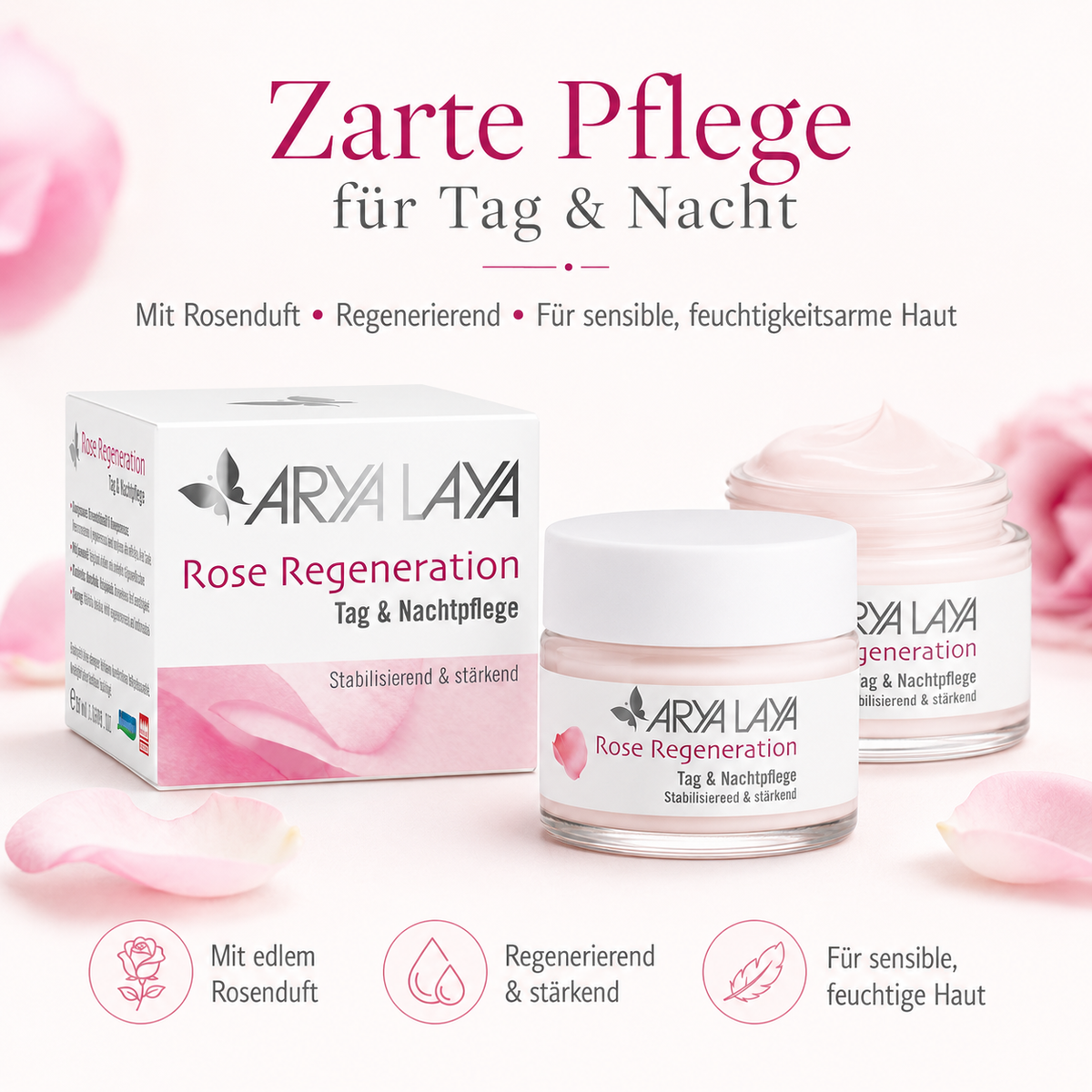 ARYA LAYA Rose Regeneration Tag & Nachtpflege mit Rosenduft für sensible, feuchtigkeitsarme Haut