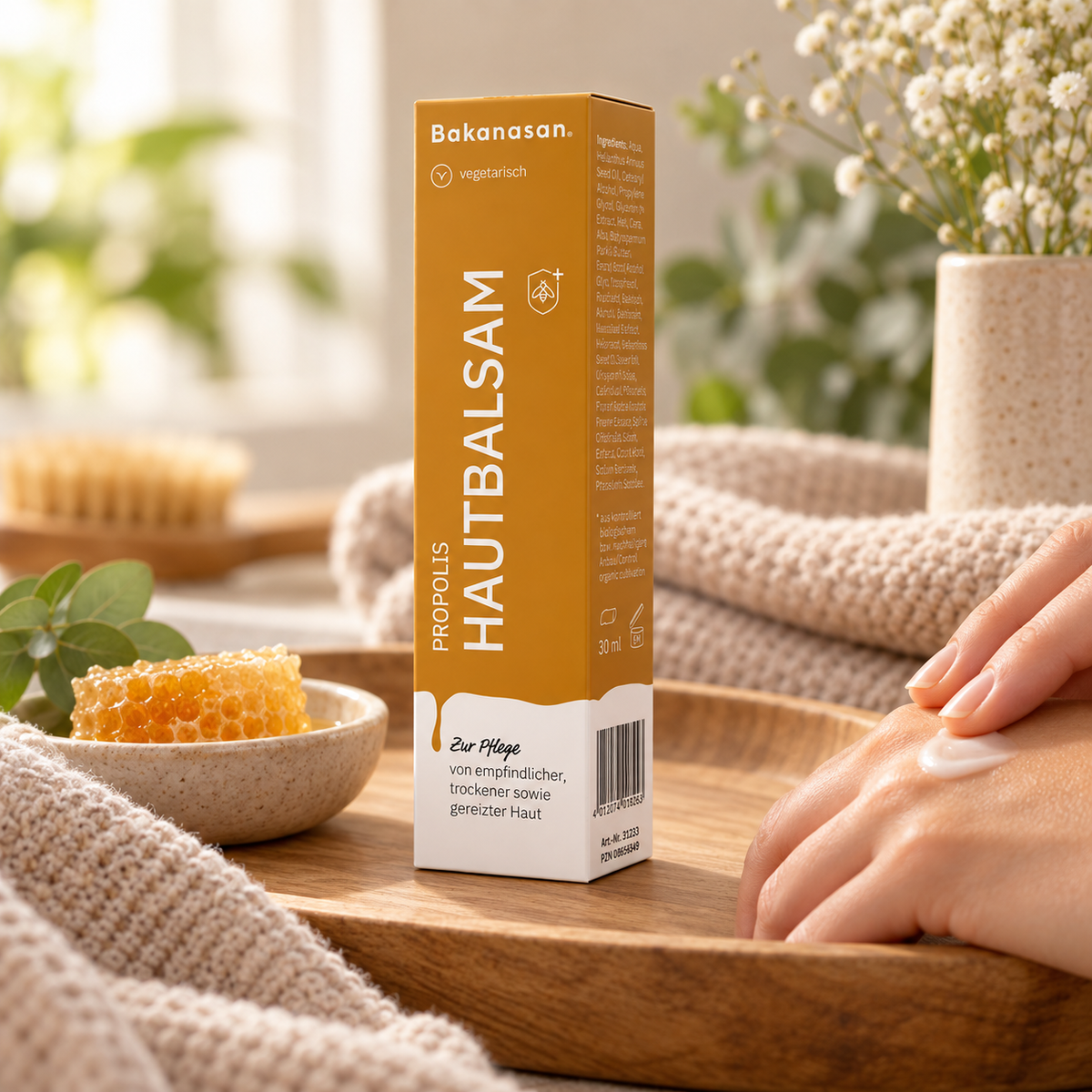 Anwendung des Bakanasan Propolis Hautbalsams zur Pflege trockener und gereizter Haut
