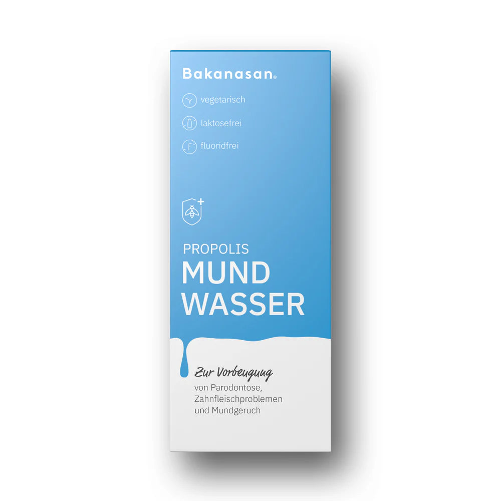 Produktverpackung des Bakanasan Propolis Mundwassers mit Infos zu Eigenschaften