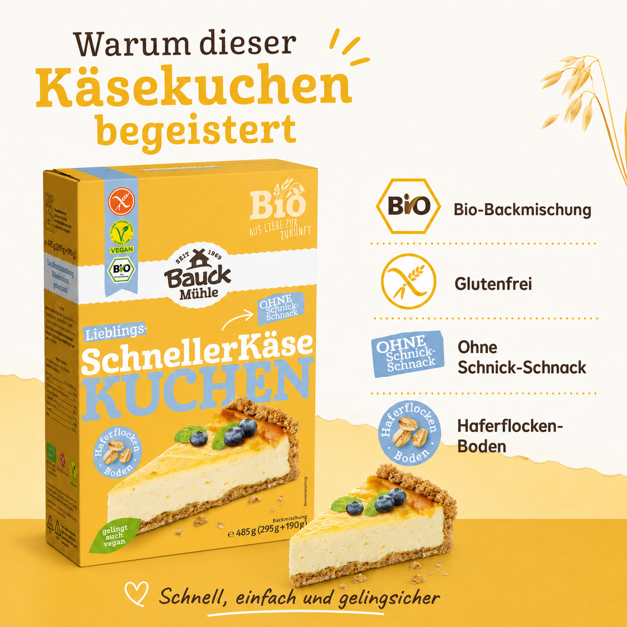 Bauck Mühle Bio-Käsekuchen-Backmischung glutenfrei mit Haferflocken-Boden und einfacher Zubereitung