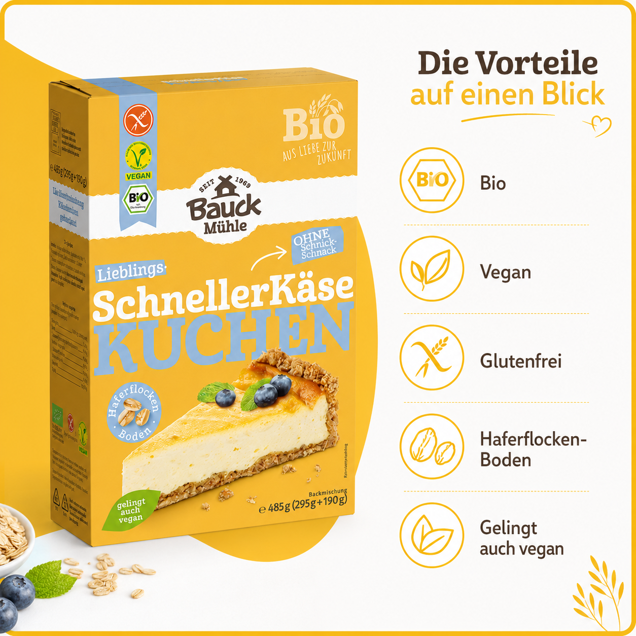 Bauck Mühle Käsekuchen-Backmischung mit den Vorteilen Bio, vegan, glutenfrei und Haferflocken-Boden