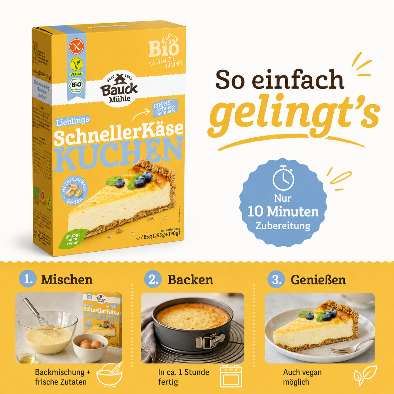 Zubereitung der Bauck Mühle Käsekuchen-Backmischung in drei Schritten: mischen, backen und genießen