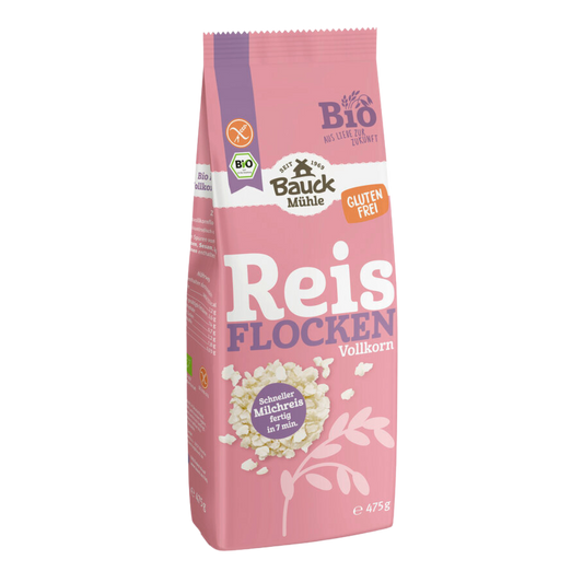 Packung Bauck Mühle Reisflocken Vollkorn Bio glutenfrei 475 g – ideal für Milchreis, Müslis & Breie, schnell zubereitet in 7 Minuten, rosa Verpackung mit Bio-Siegel und glutenfreiem Label