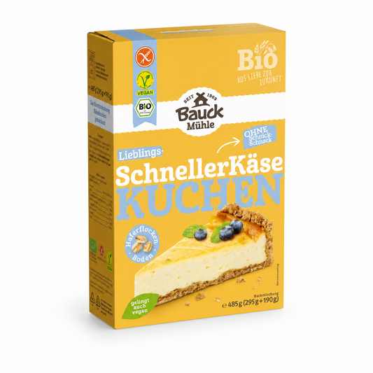 Bauck Mühle Schneller Käsekuchen glutenfrei Bio 485 g – Backmischung in gelber Verpackung