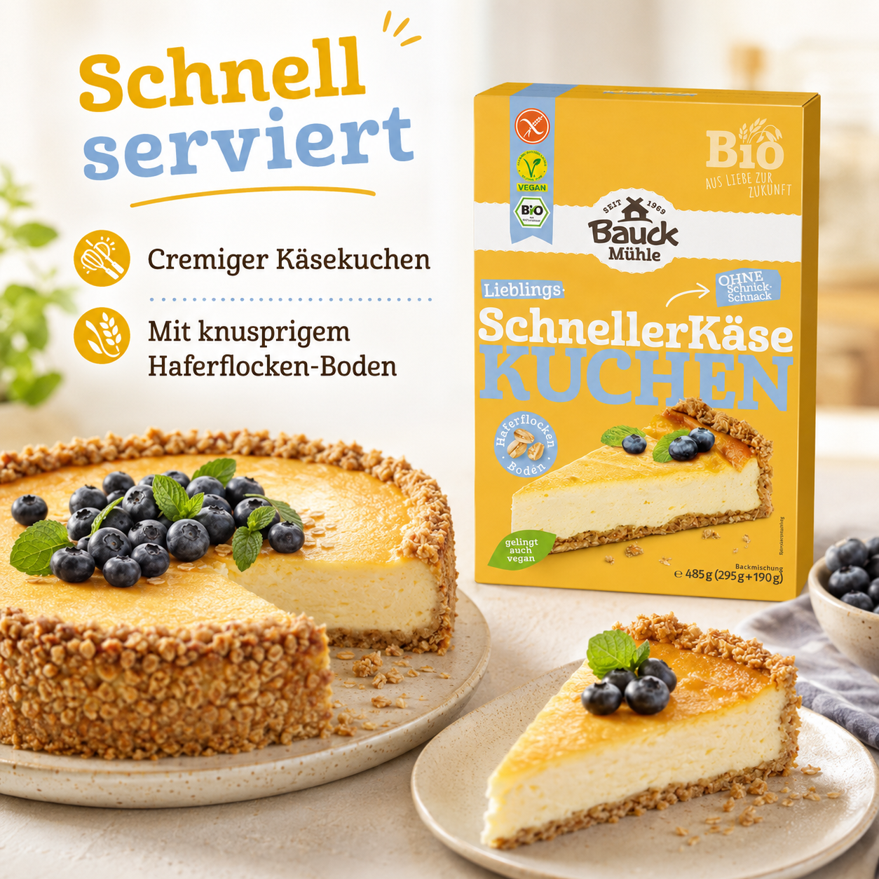 Cremiger Bauck Mühle Käsekuchen mit knusprigem Haferflocken-Boden, Blaubeeren und Backmischung