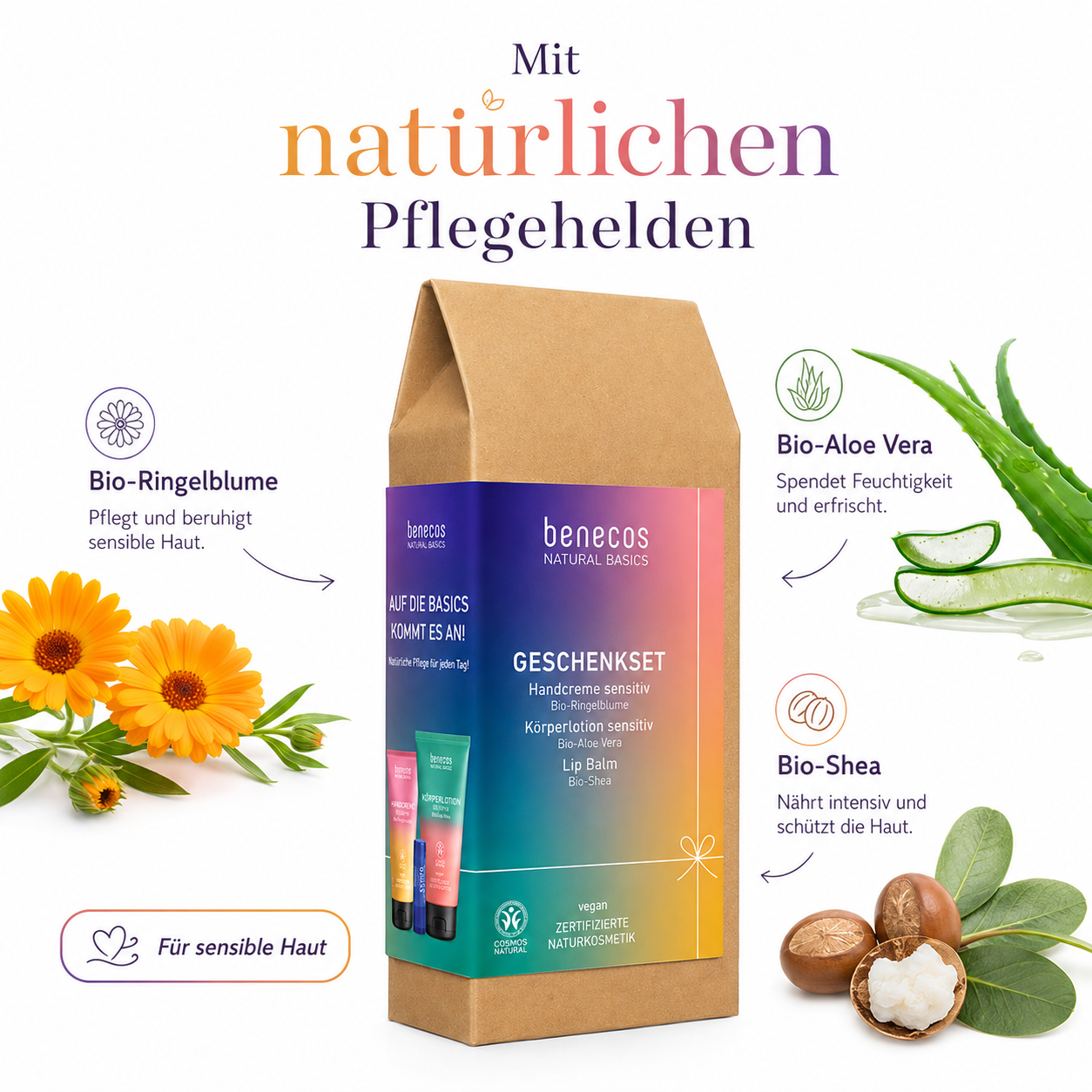 benecos Natural Basics Geschenkset mit Bio-Ringelblume, Bio-Aloe Vera und Bio-Shea