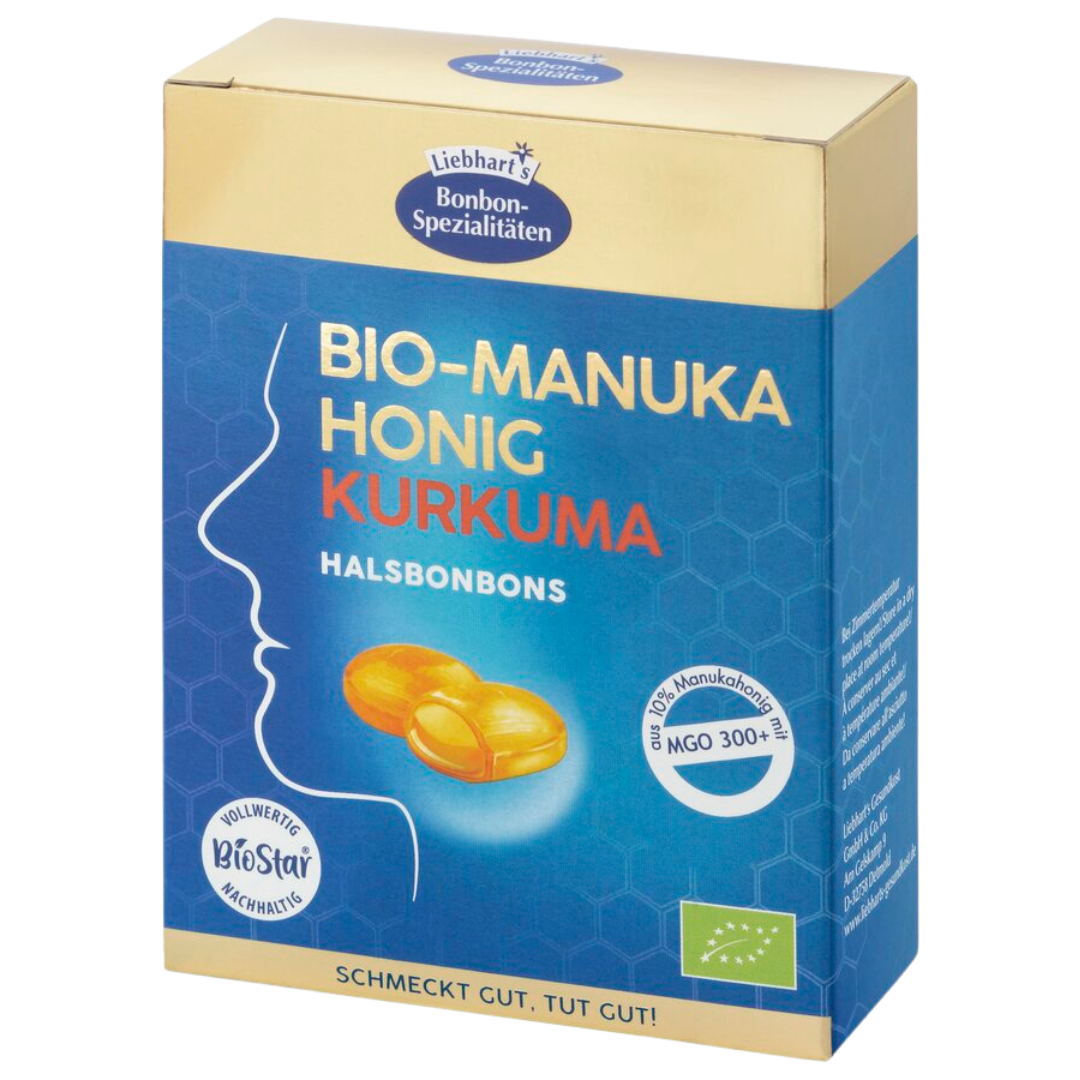 Bio Manuka Honig Kurkuma Halsbonbons von Liebhart’s – Hustenbonbons mit 10 % Manuka-Honig (MGO 300+), Kurkuma und Zitronenaroma, 100 g Packung