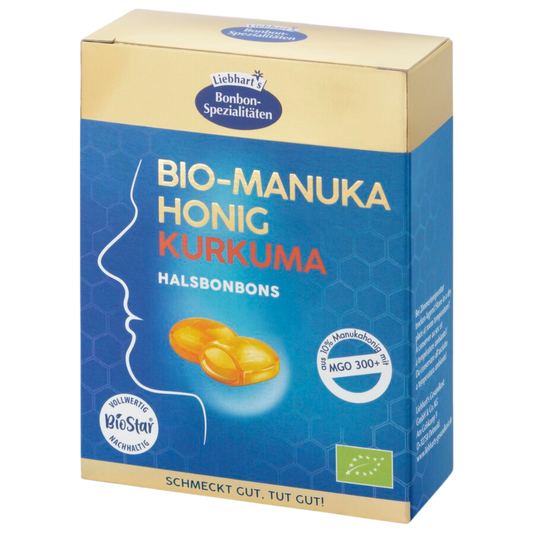 Bio Manuka Honig Kurkuma Halsbonbons von Liebhart’s – Hustenbonbons mit 10 % Manuka-Honig (MGO 300+), Kurkuma und Zitronenaroma, 100 g Packung