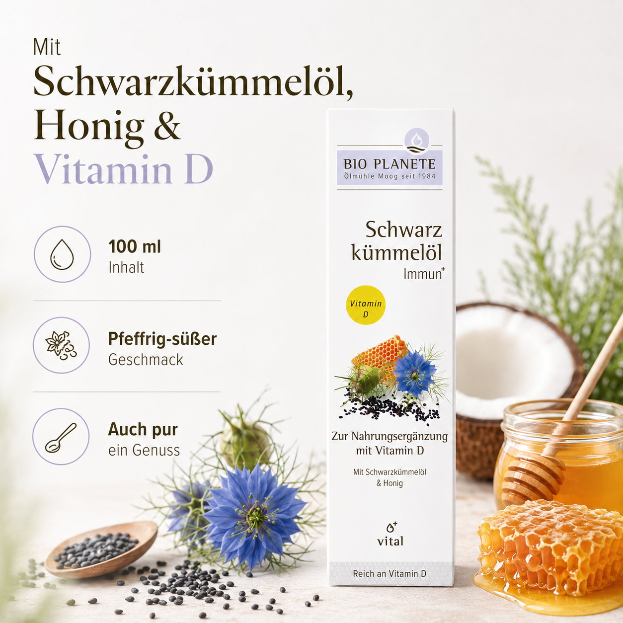 BIO PLANÈTE Schwarzkümmelöl Immun mit nativem Schwarzkümmelöl, Honig und Vitamin D