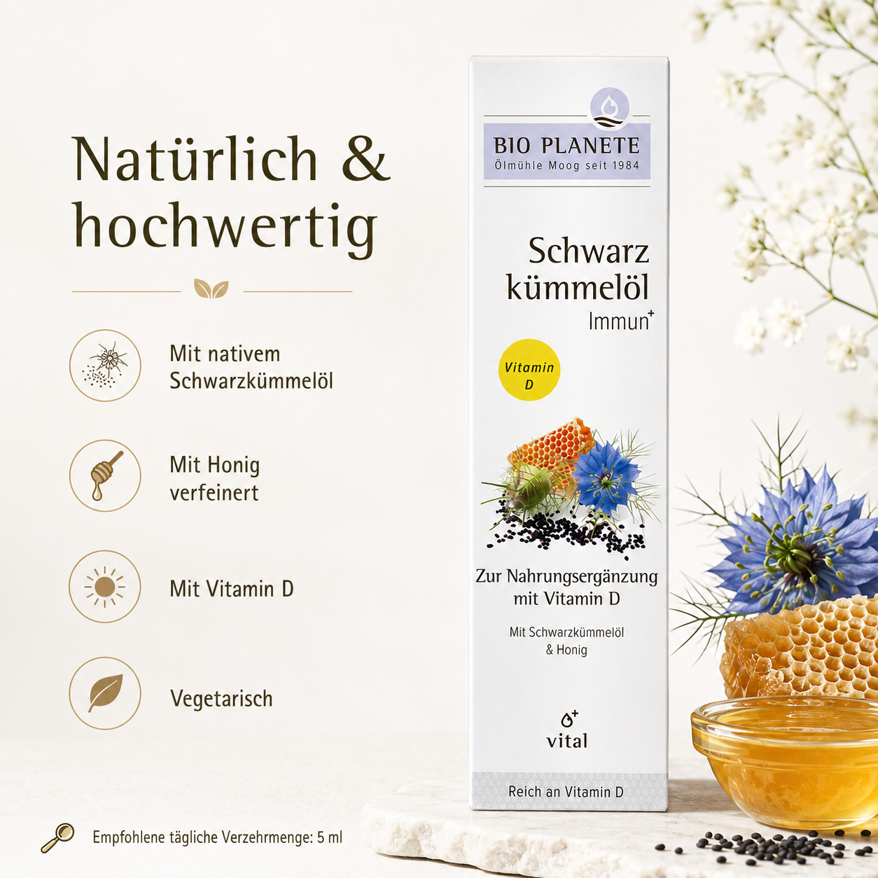 Vorteile von BIO PLANÈTE Schwarzkümmelöl Immun mit Vitamin D, vegetarisch und 20 Portionen