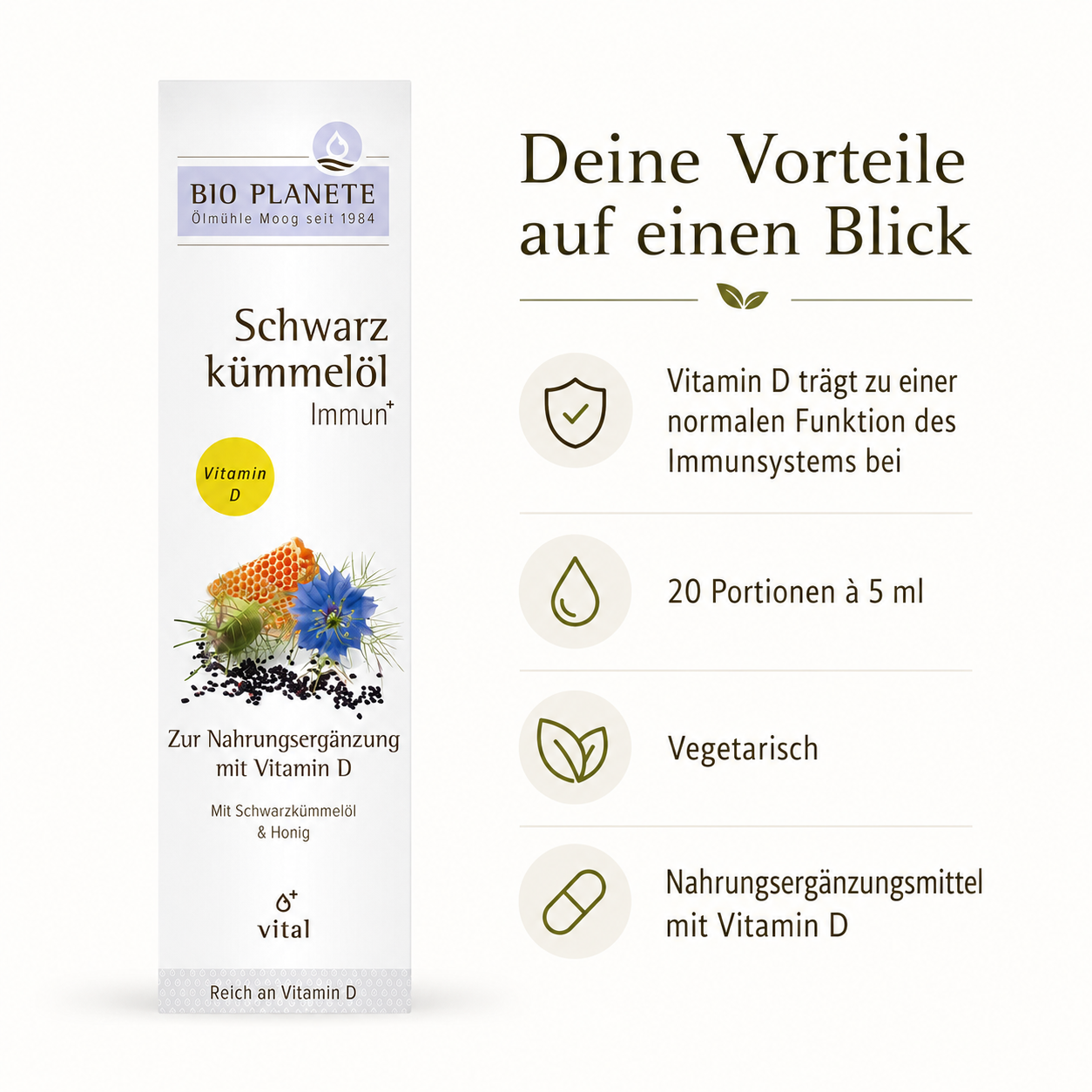 Vorteile von BIO PLANÈTE Schwarzkümmelöl Immun mit Vitamin D, vegetarisch und 20 Portionen