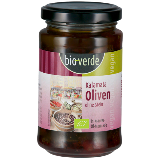 Bio-verde Kalamata Oliven ohne Stein in Kräuter-Öl-Marinade, vegane Bio-Oliven im Glas, 200 g