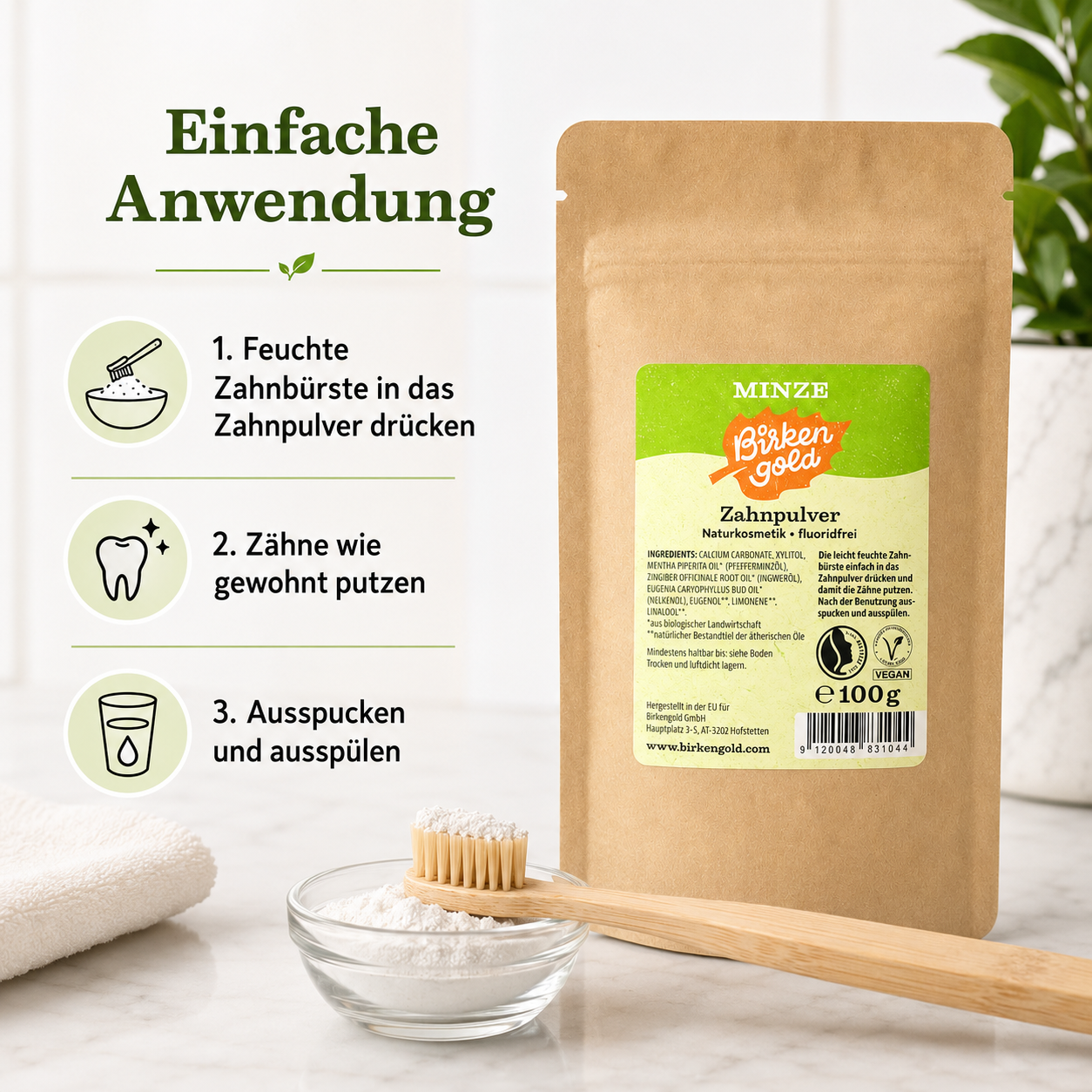 Anwendung von Birkengold Zahnpulver Minze mit feuchter Zahnbürste für die natürliche Zahnpflege
