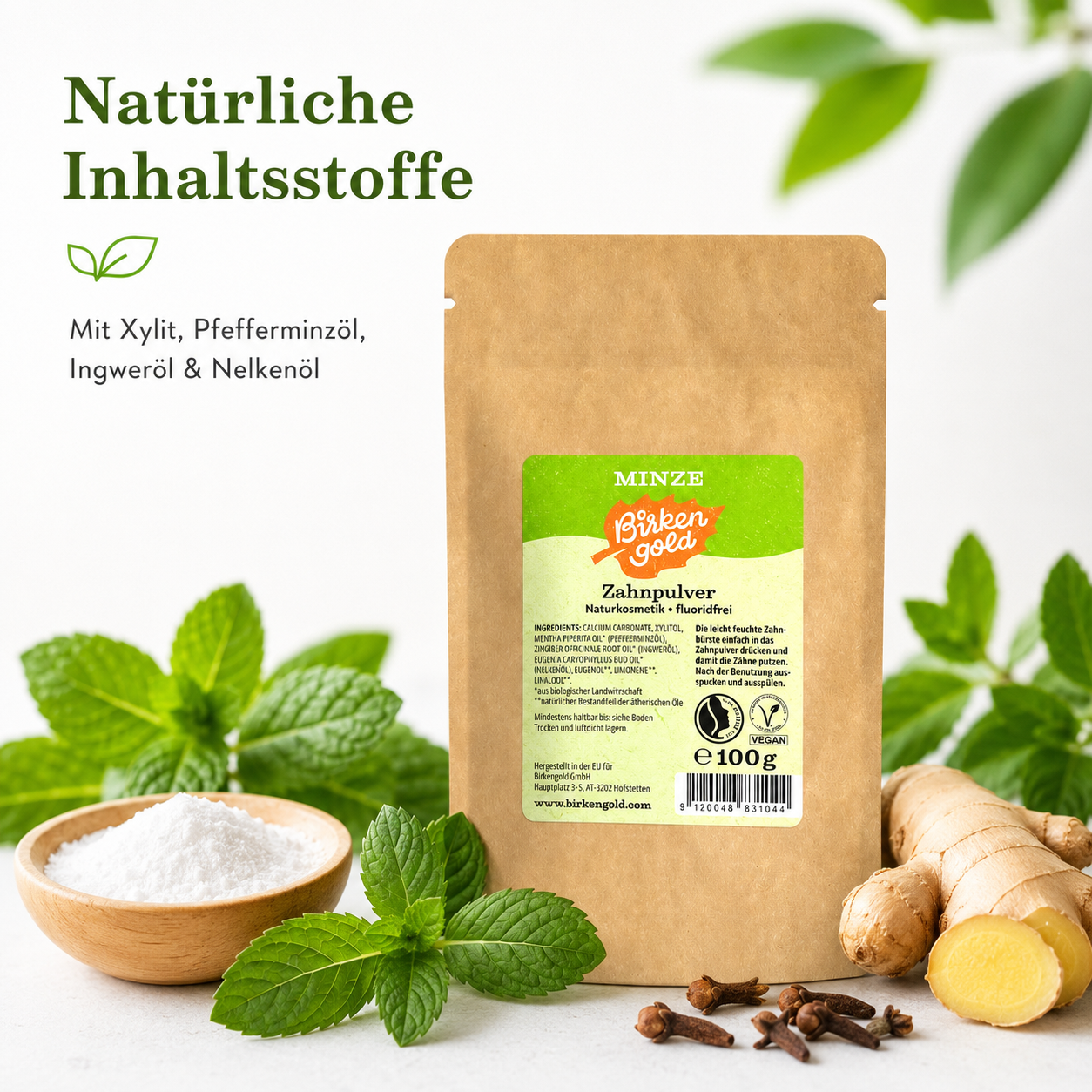 Birkengold Zahnpulver Minze mit natürlichen Inhaltsstoffen wie Xylit, Pfefferminzöl, Ingweröl und Nelkenöl